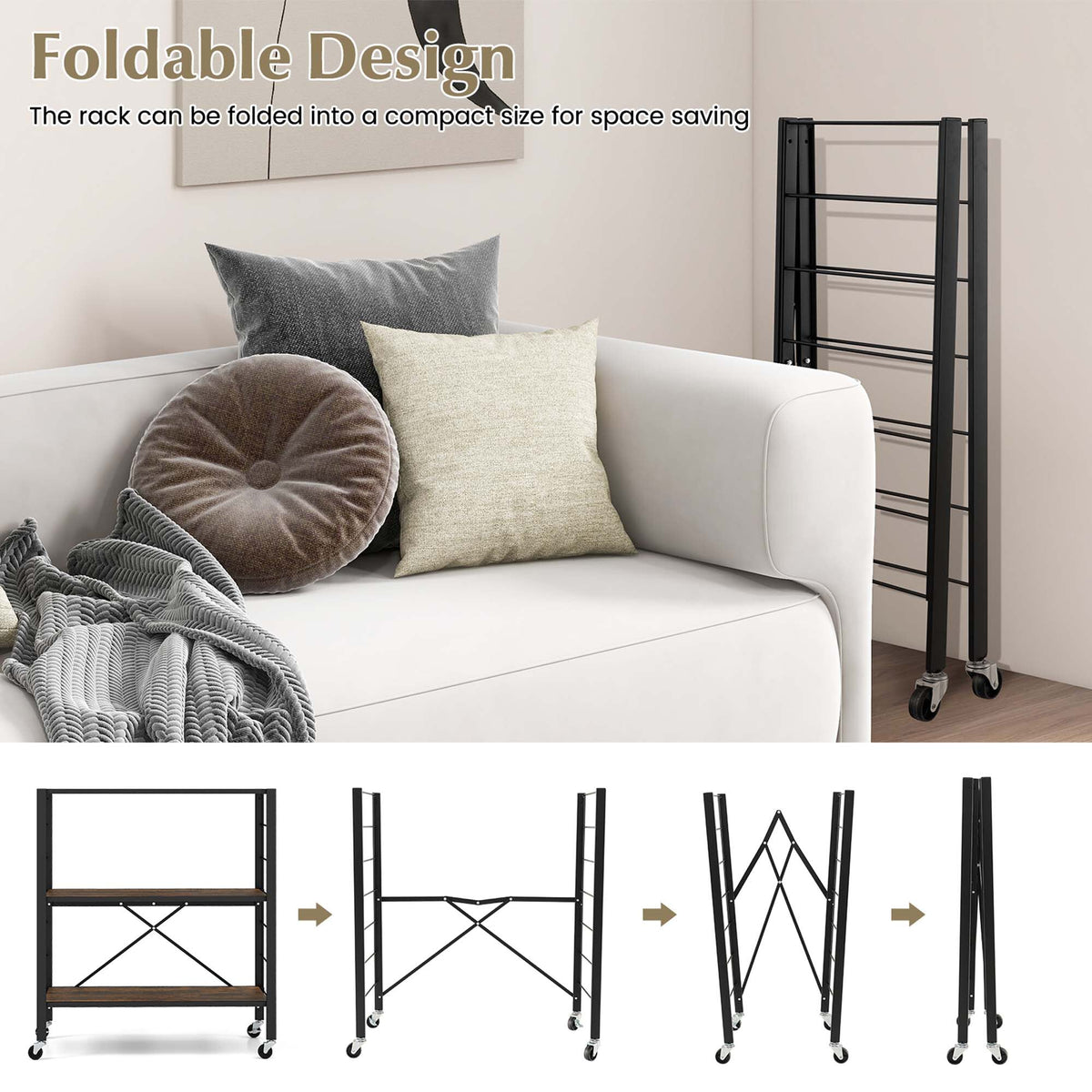 Costway Black Metal Base with Mdf Metal Top Rolling Kitchen Cart (14-in x 30-in x 34-in)