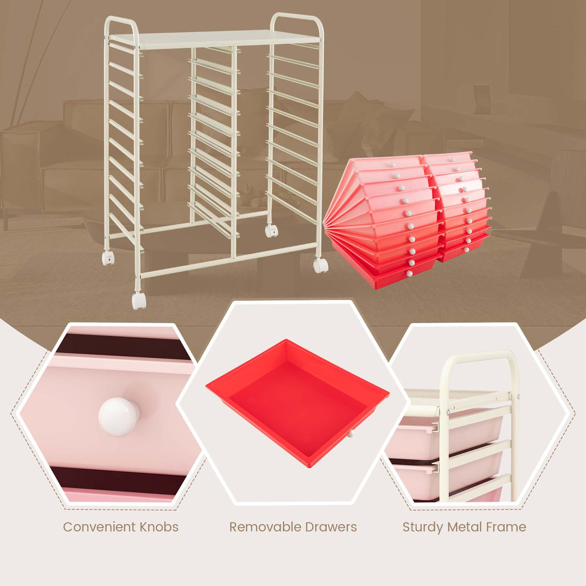 Costway White Metal Base with Plastic Metal Top Rolling Kitchen Cart (15-in x 25-in x 35-in)