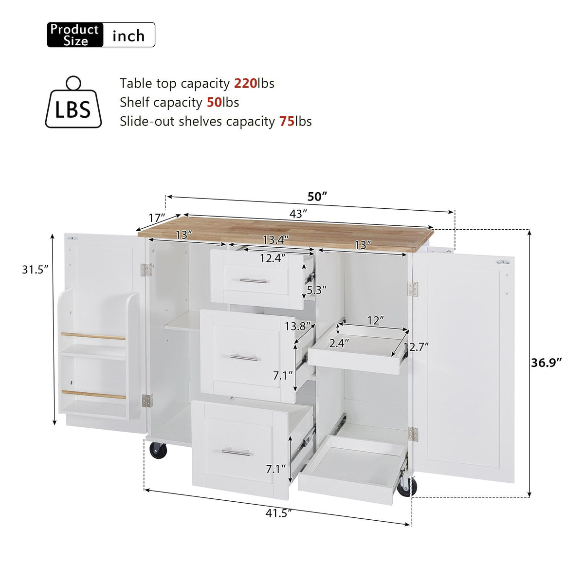 Runesay White Mdf Base with Mdf Wood Top Rolling Kitchen Island (17-in x 50-in x 36.85-in)