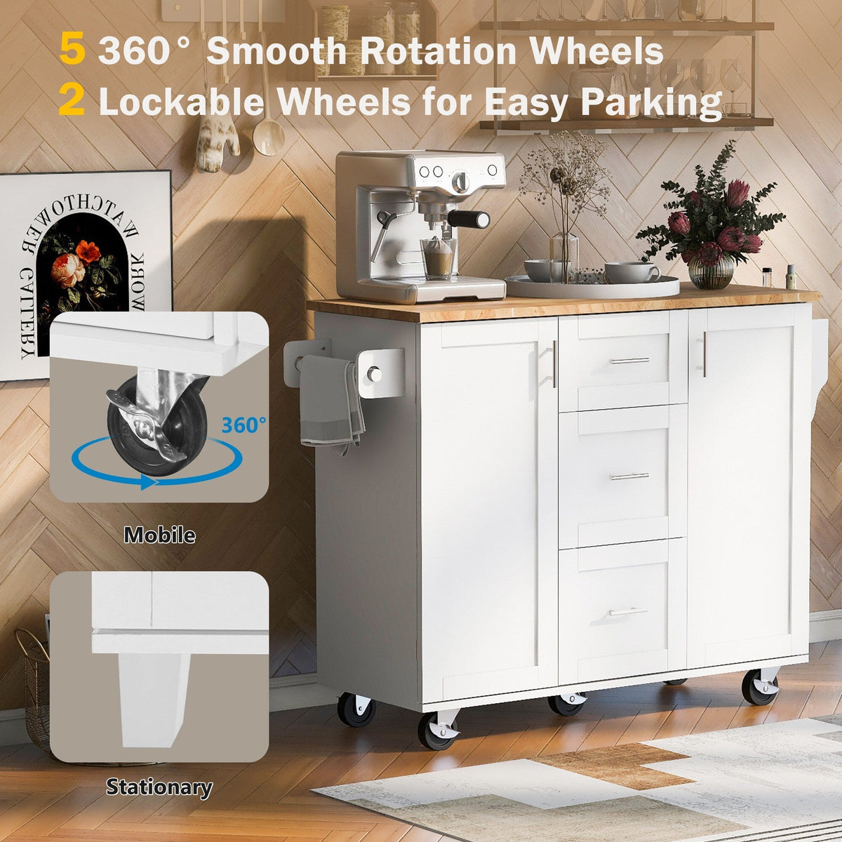 Runesay White Mdf Base with Mdf Wood Top Rolling Kitchen Island (17-in x 50-in x 36.85-in)