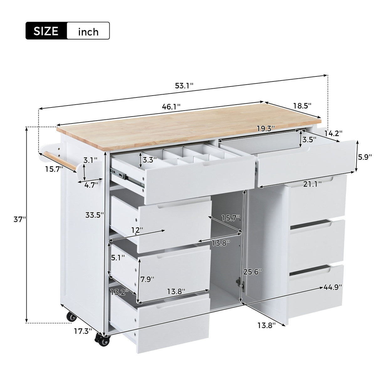 Runesay White Mdf Base with Mdf Wood Top Rolling Kitchen Island (18.5-in x 53.15-in x 37-in)