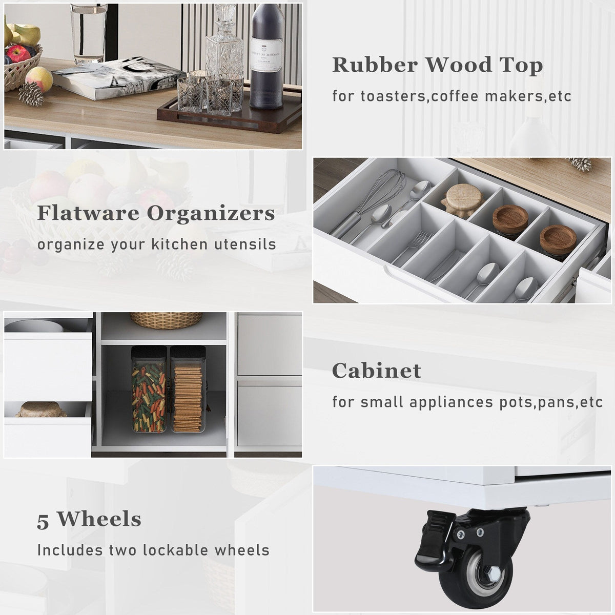 Runesay White Mdf Base with Mdf Wood Top Rolling Kitchen Island (18.5-in x 53.15-in x 37-in)
