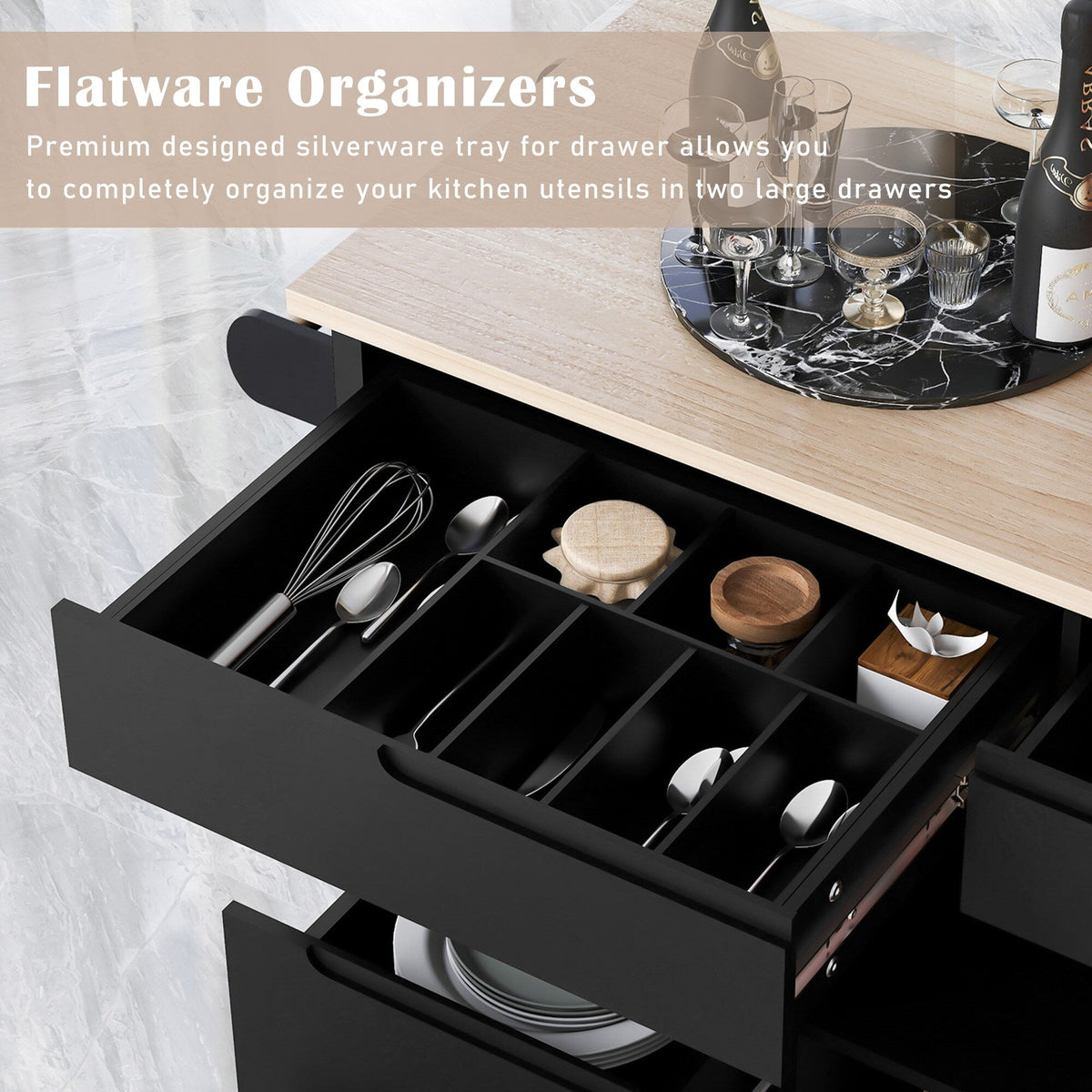 Runesay Black Mdf Base with Mdf Wood Top Rolling Kitchen Island (18.5-in x 53.15-in x 37-in)