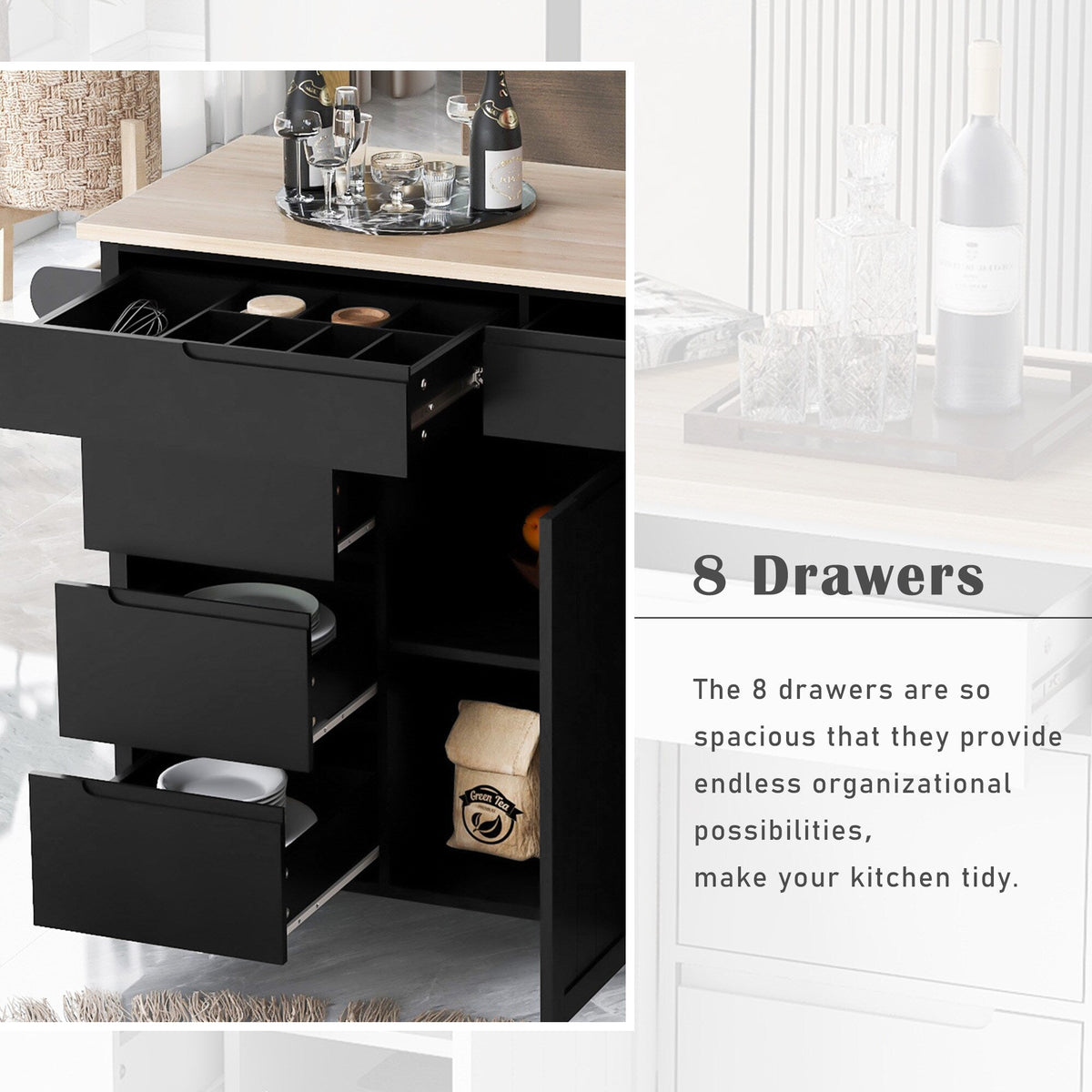 Runesay Black Mdf Base with Mdf Wood Top Rolling Kitchen Island (18.5-in x 53.15-in x 37-in)