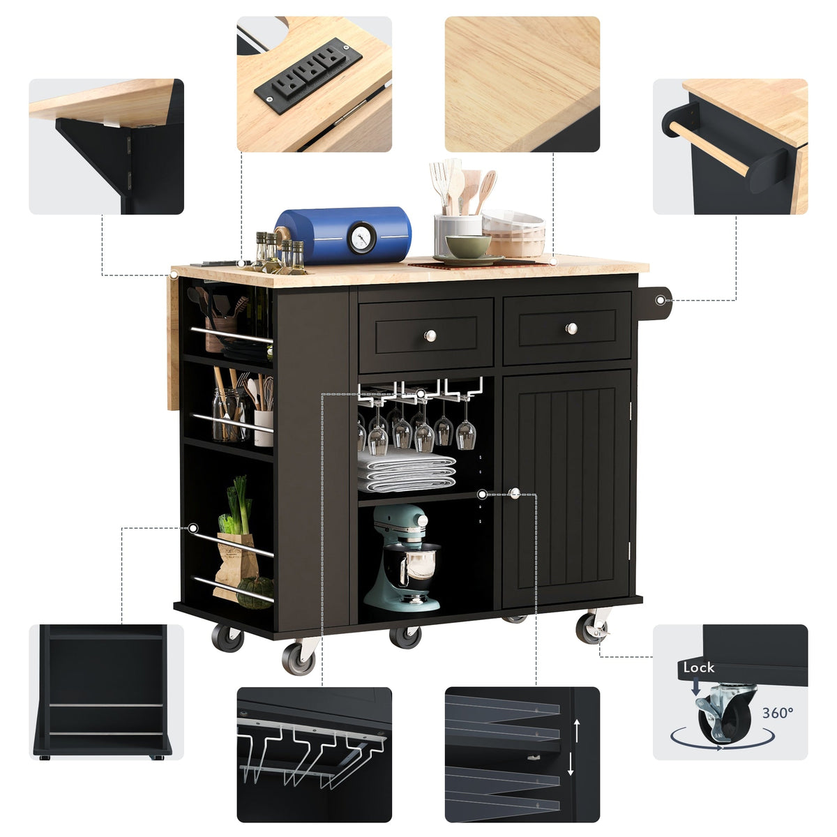 Runesay Black Mdf Base with Mdf Wood Top Rolling Kitchen Island (29.33-in x 39.8-in x 33.7-in)