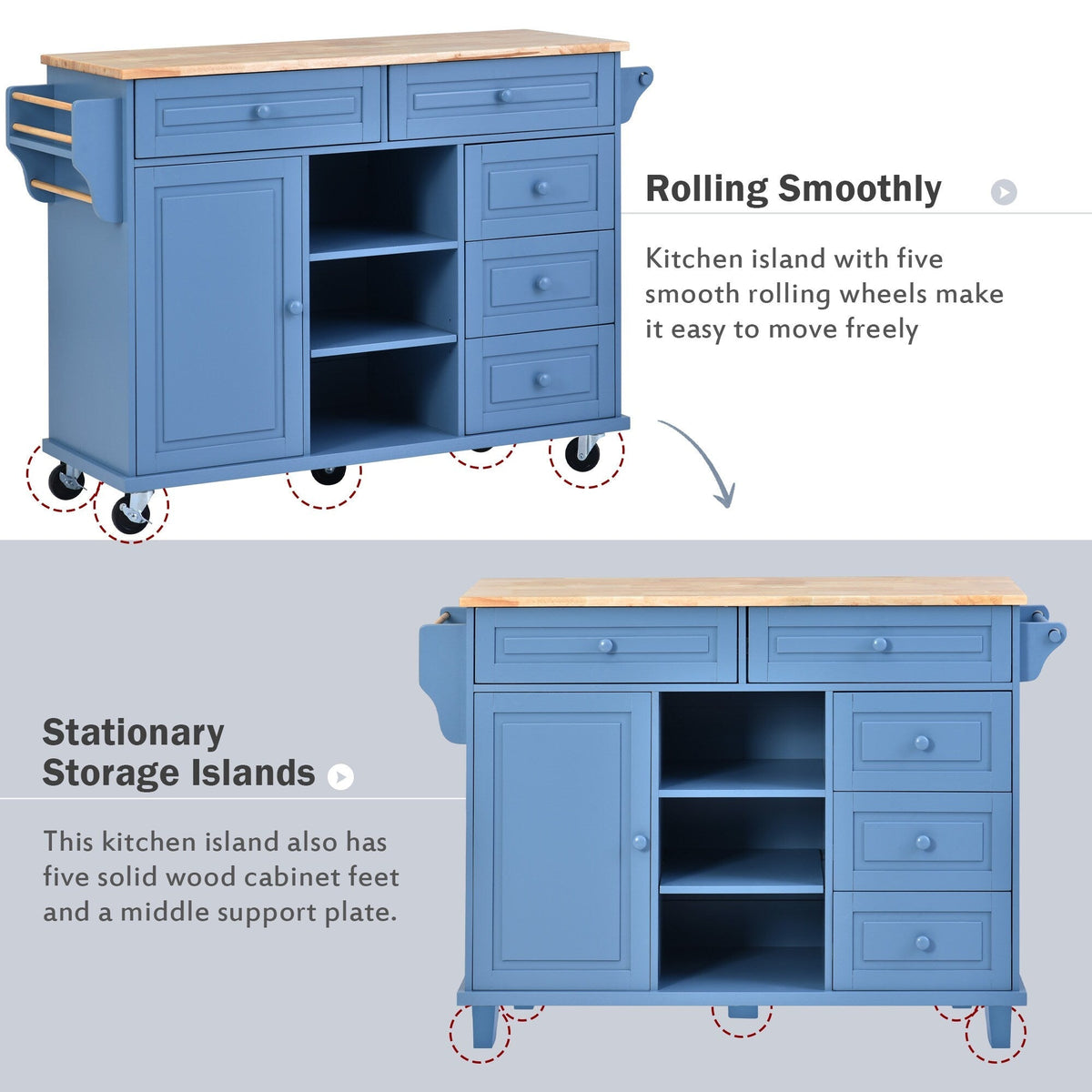 Runesay Blue Mdf Base with Mdf Wood Top Rolling Kitchen Island (18.1-in x 52.8-in x 36.2-in)