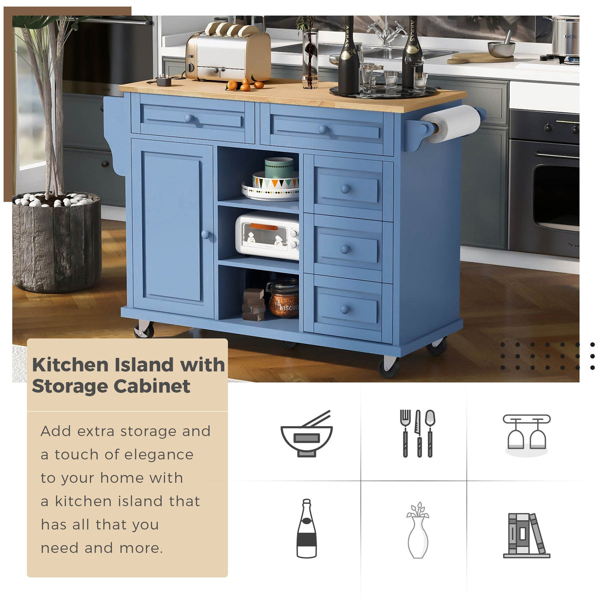 Runesay Blue Mdf Base with Mdf Wood Top Rolling Kitchen Island (18.1-in x 52.8-in x 36.2-in)
