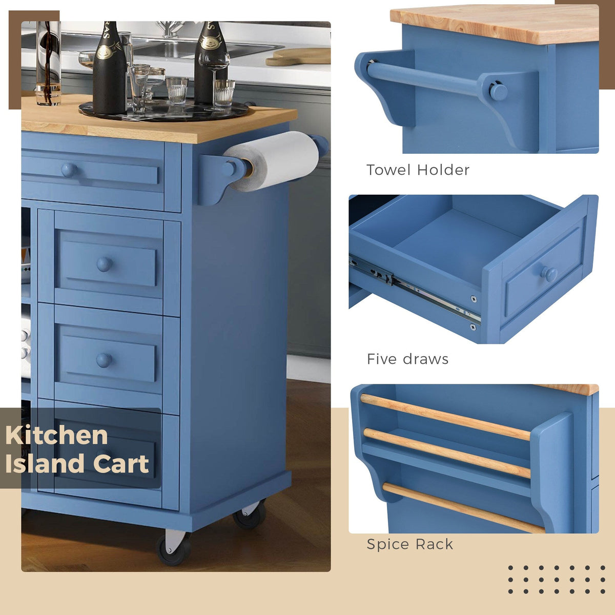 Runesay Blue Mdf Base with Mdf Wood Top Rolling Kitchen Island (18.1-in x 52.8-in x 36.2-in)