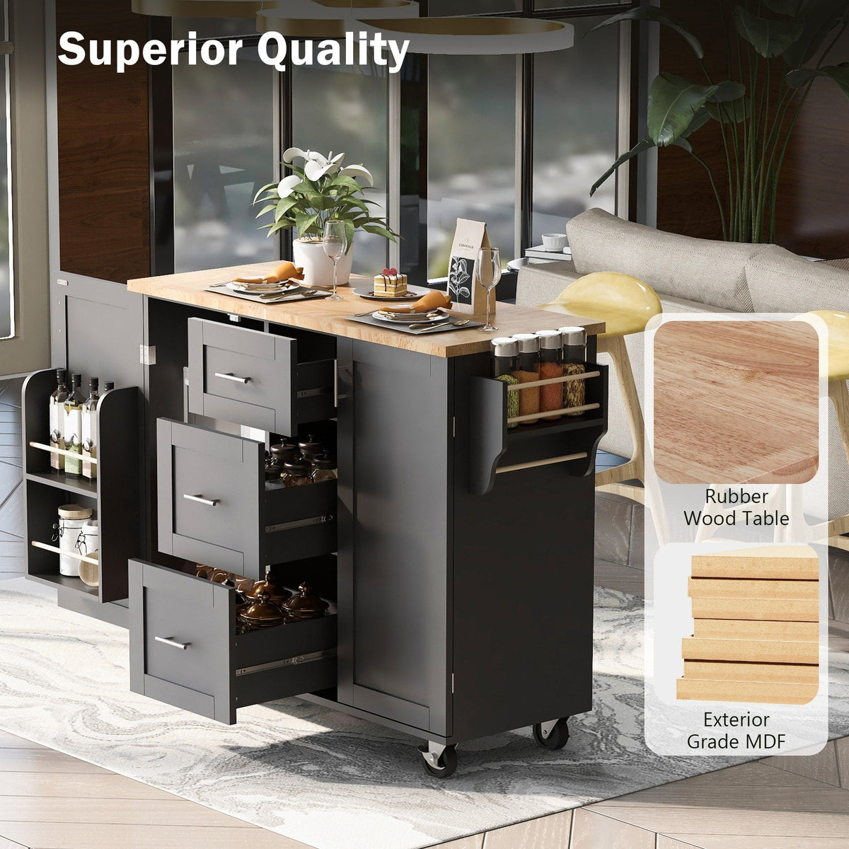 Runesay Black Mdf Base with Mdf Wood Top Rolling Kitchen Island (17-in x 50-in x 36.85-in)