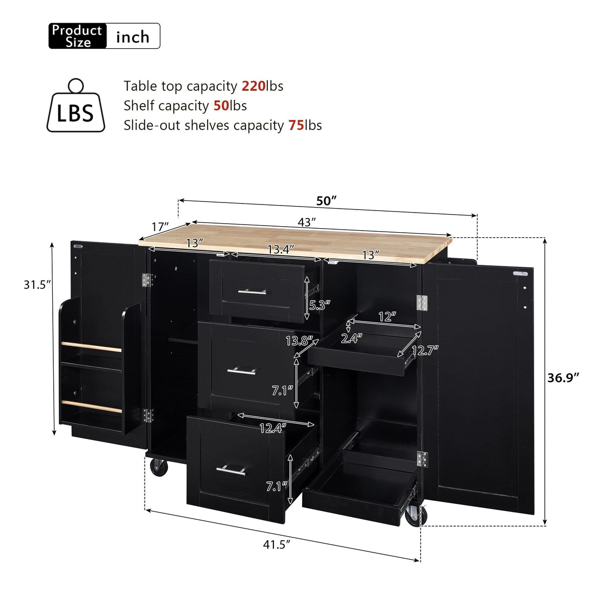 Runesay Black Mdf Base with Mdf Wood Top Rolling Kitchen Island (17-in x 50-in x 36.85-in)