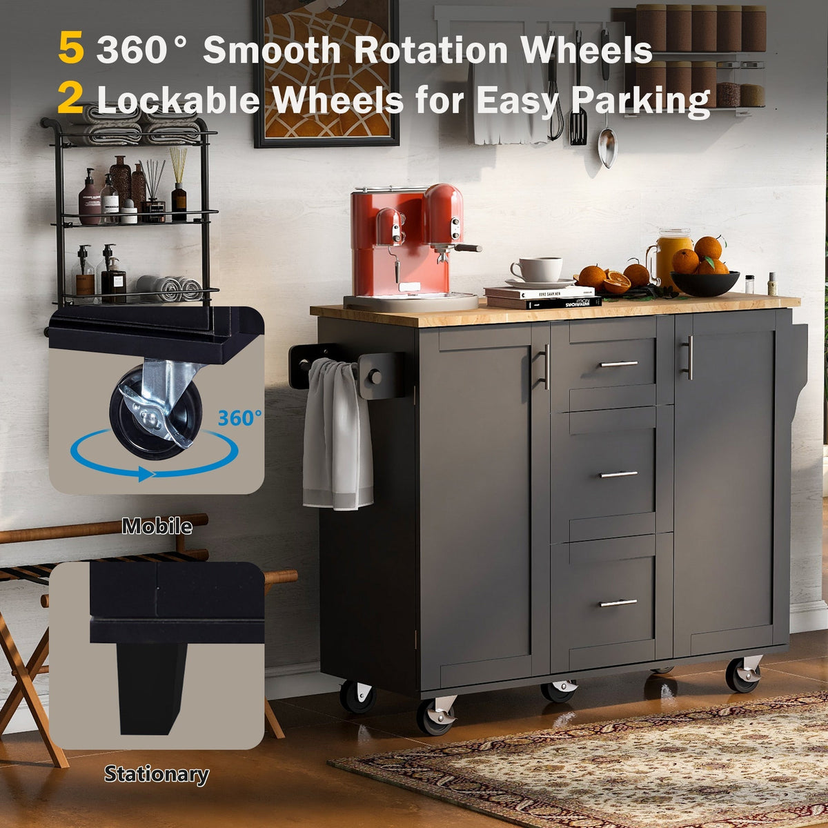 Runesay Black Mdf Base with Mdf Wood Top Rolling Kitchen Island (17-in x 50-in x 36.85-in)