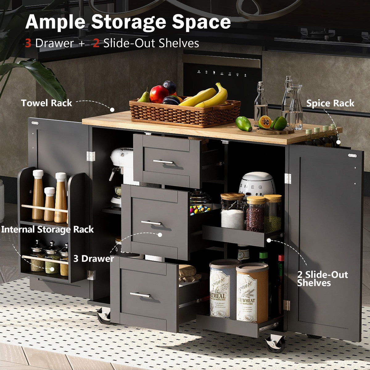 Runesay Black Mdf Base with Mdf Wood Top Rolling Kitchen Island (17-in x 50-in x 36.85-in)