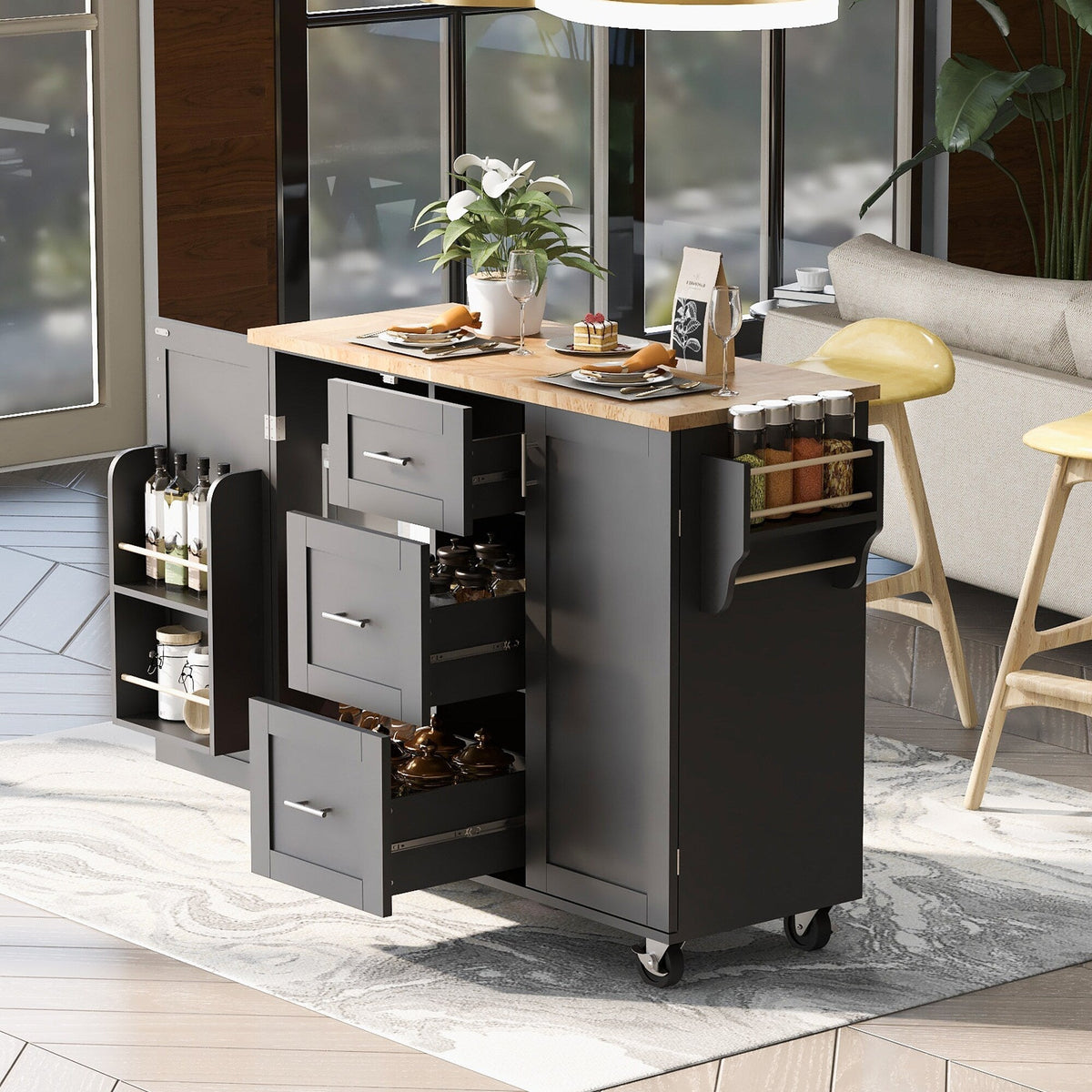 Runesay Black Mdf Base with Mdf Wood Top Rolling Kitchen Island (17-in x 50-in x 36.85-in)