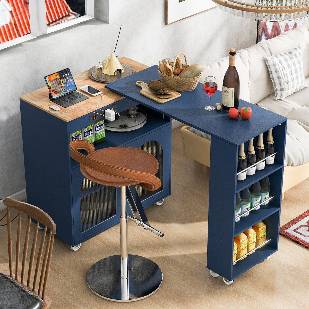 Runesay Blue Mdf Base with Mdf Wood Top Rolling Kitchen Island (16.92-in x 41.11-in x 38.22-in)