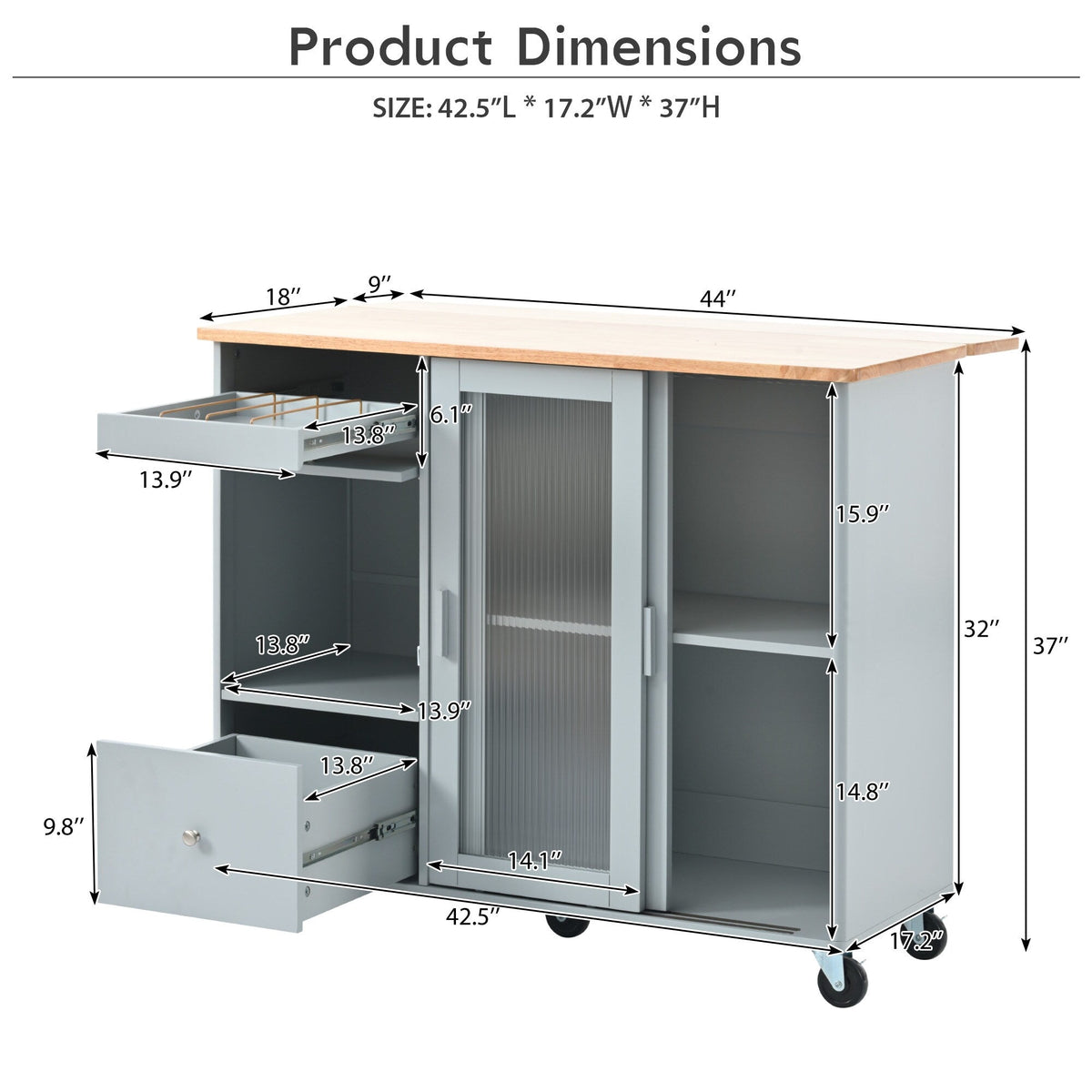 Runesay Blue Mdf Base with Mdf Wood Top Rolling Kitchen Island (26.97-in x 44.03-in x 37-in)