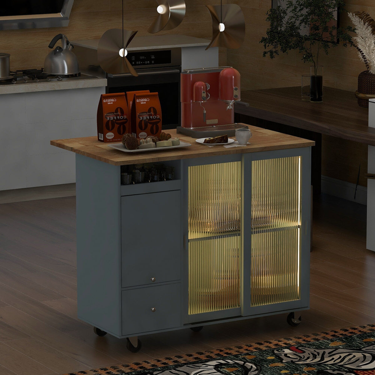 Runesay Blue Mdf Base with Mdf Wood Top Rolling Kitchen Island (26.97-in x 44.03-in x 37-in)