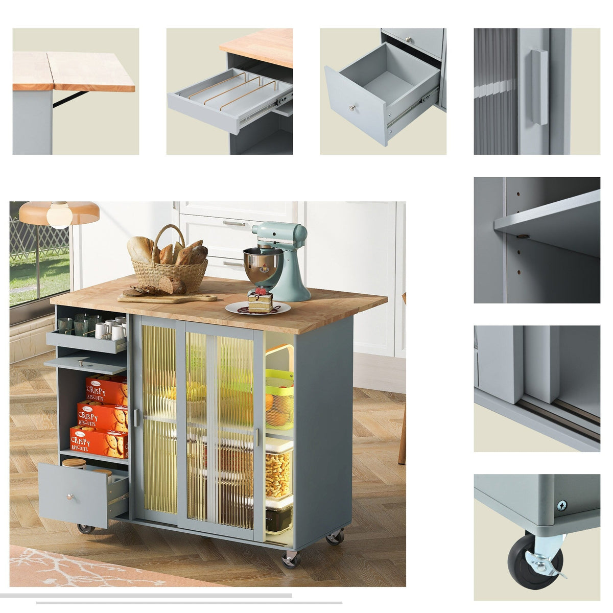 Runesay Blue Mdf Base with Mdf Wood Top Rolling Kitchen Island (26.97-in x 44.03-in x 37-in)