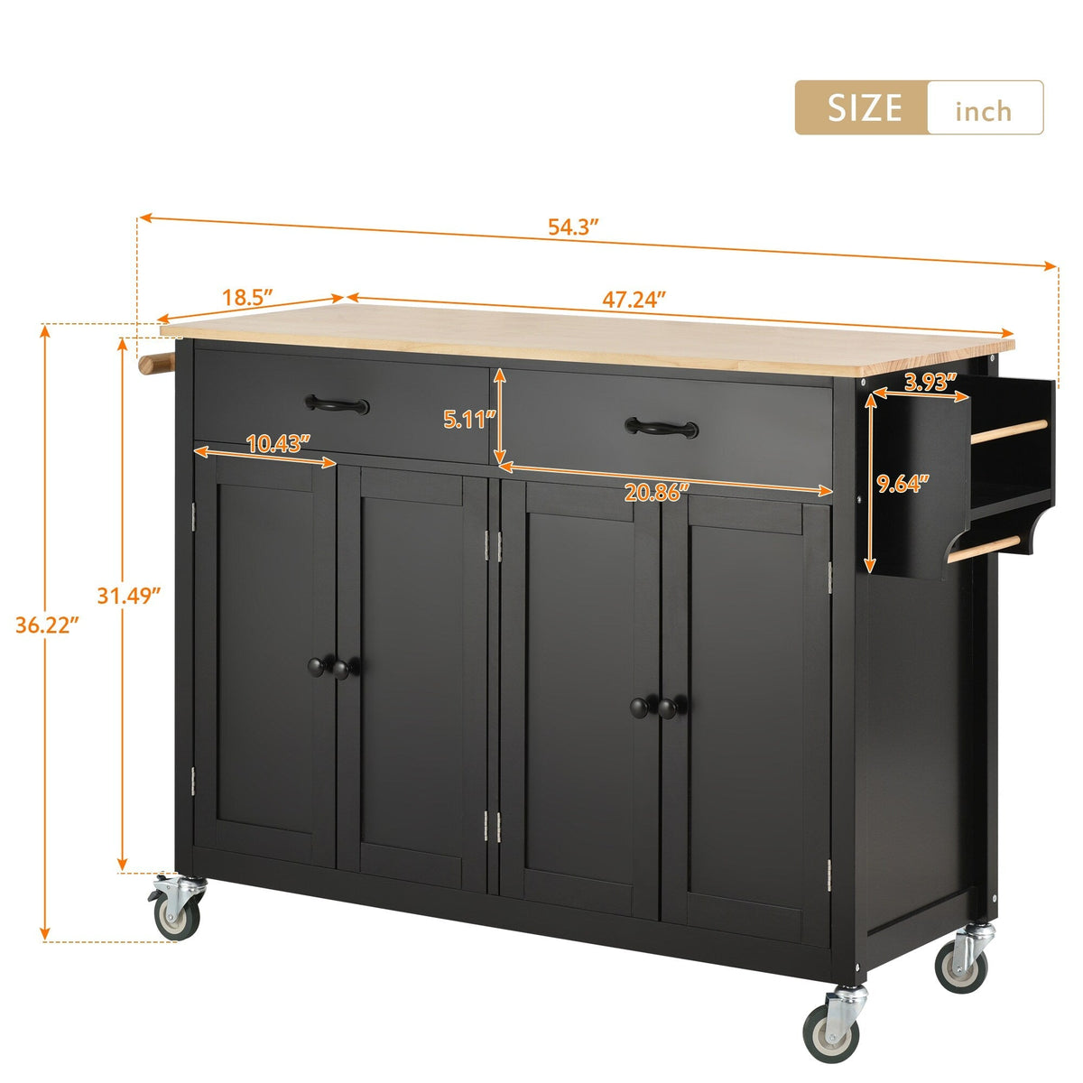 Runesay Black Mdf Base with Mdf Wood Top Rolling Kitchen Island (18.5-in x 54.33-in x 36.22-in)