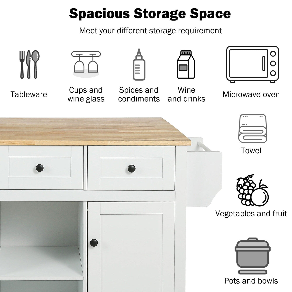 Runesay White Wood Base with Wood Top Rolling Kitchen Island (29.5-in x 53.1-in x 37.2-in)