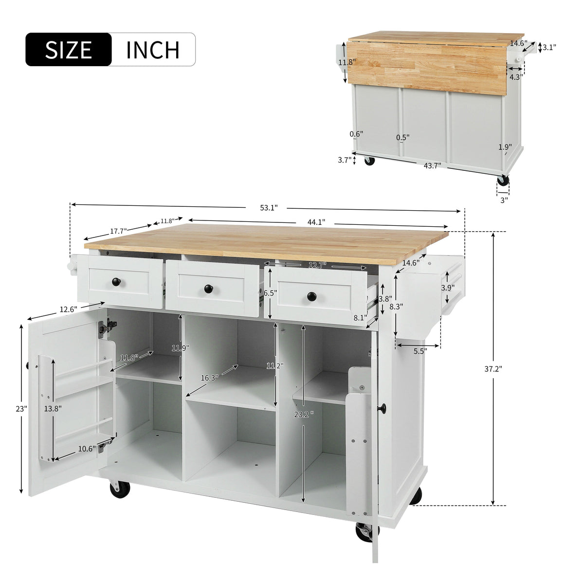 Runesay White Wood Base with Wood Top Rolling Kitchen Island (29.5-in x 53.1-in x 37.2-in)