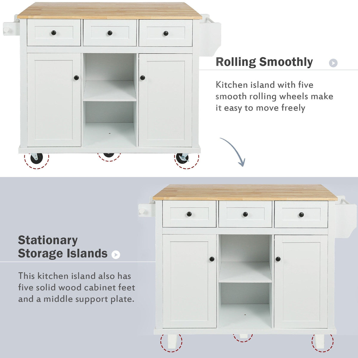 Runesay White Wood Base with Wood Top Rolling Kitchen Island (29.5-in x 53.1-in x 37.2-in)