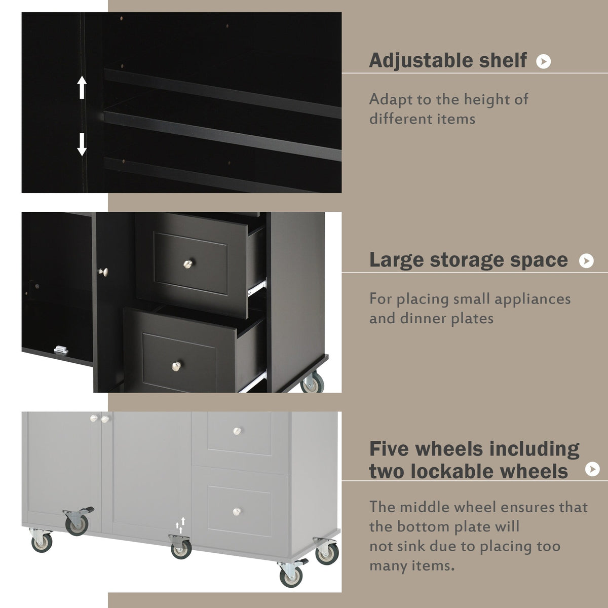 Runesay Black Wood Base with Wood Top Rolling Kitchen Island (29.5-in x 52.76-in x 36.81-in)