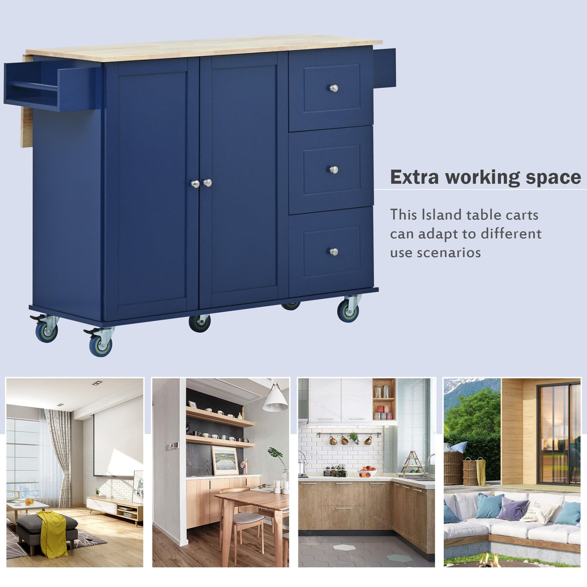 Runesay Blue Wood Base with Wood Top Rolling Kitchen Island (29.5-in x 52.76-in x 36.81-in)