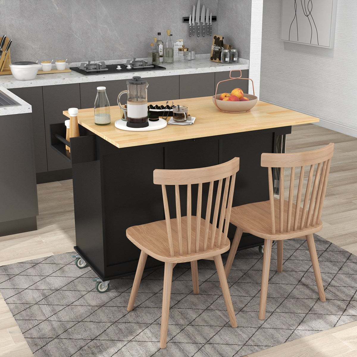 Runesay Black Wood Base with Wood Top Rolling Kitchen Island (29.5-in x 52.76-in x 36.81-in)