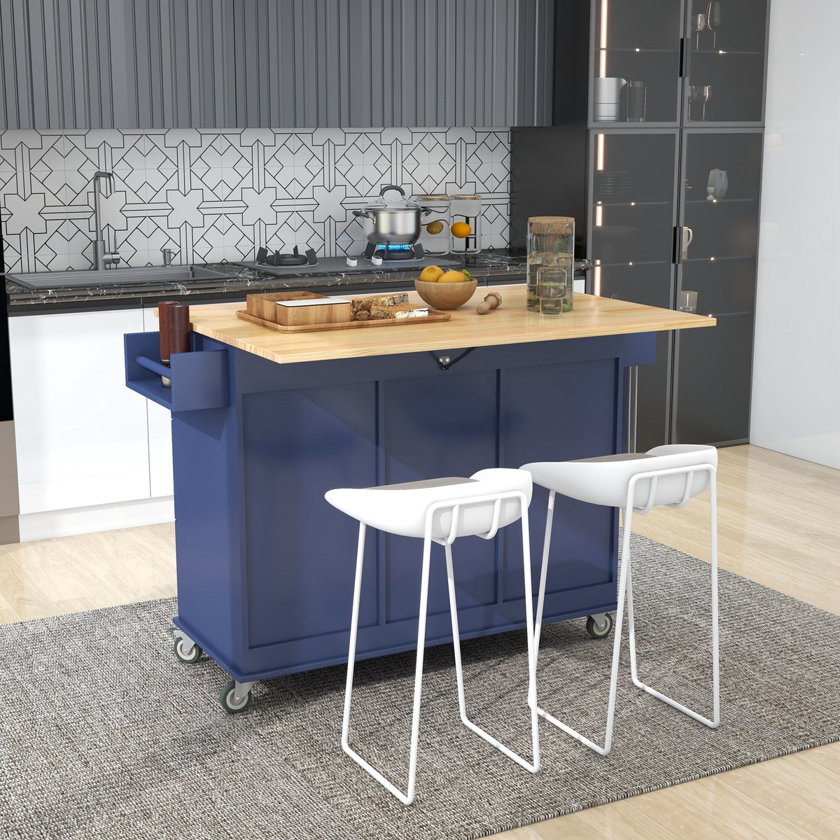 Runesay Blue Wood Base with Wood Top Rolling Kitchen Island (29.5-in x 52.76-in x 36.81-in)
