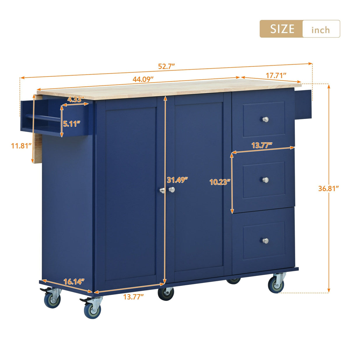 Runesay Blue Wood Base with Wood Top Rolling Kitchen Island (29.5-in x 52.76-in x 36.81-in)