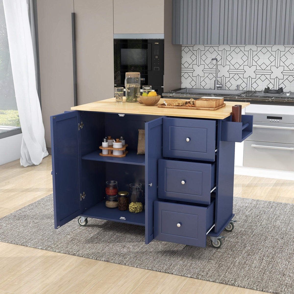 Runesay Blue Wood Base with Wood Top Rolling Kitchen Island (29.5-in x 52.76-in x 36.81-in)