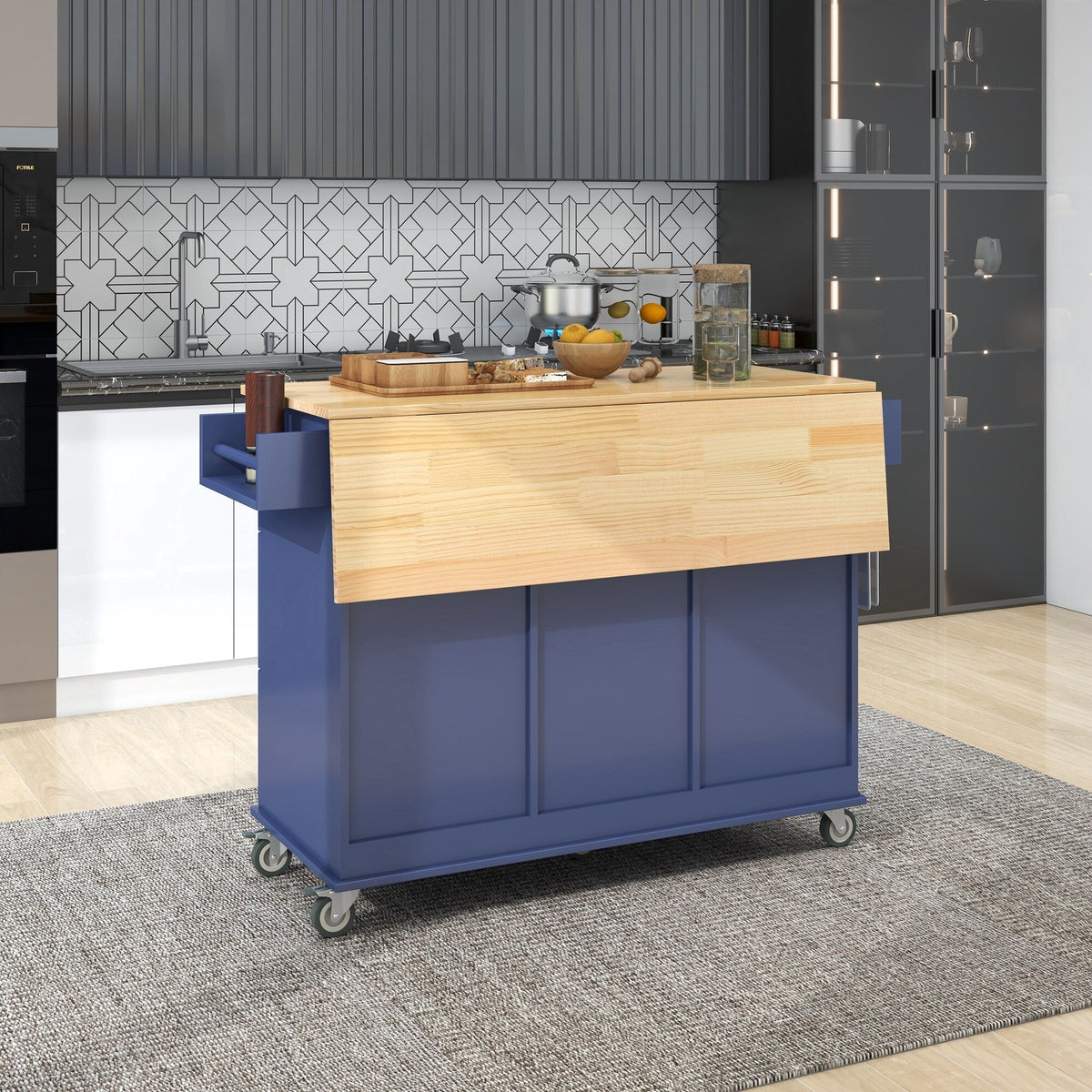 Runesay Blue Wood Base with Wood Top Rolling Kitchen Island (29.5-in x 52.76-in x 36.81-in)