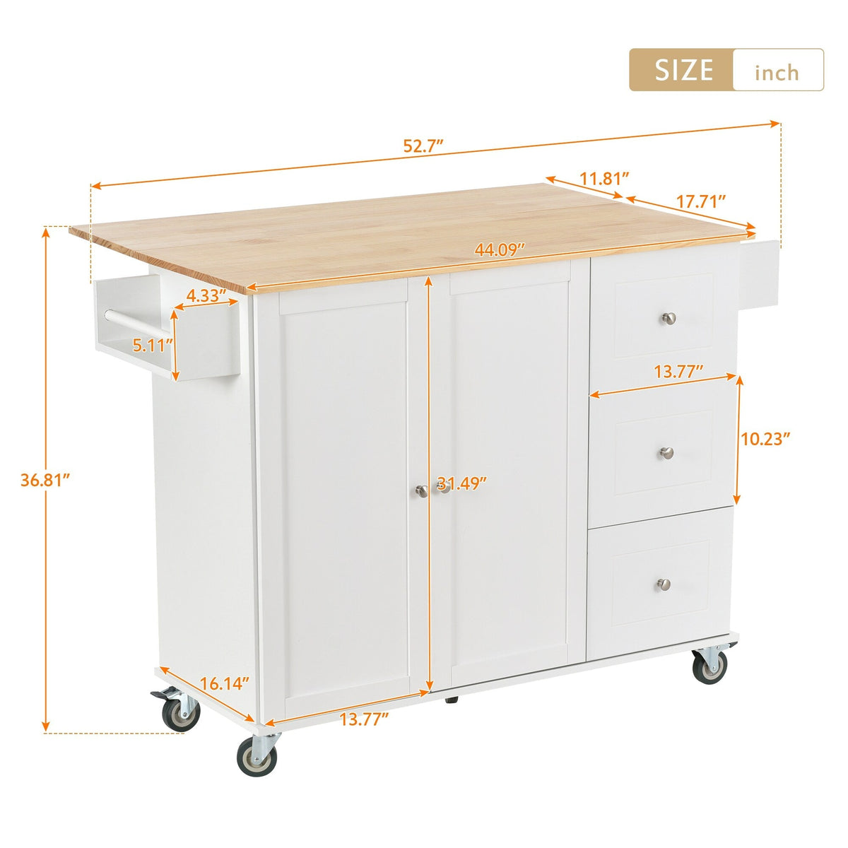 Runesay White Wood Base with Wood Top Rolling Kitchen Island (29.5-in x 52.76-in x 36.81-in)