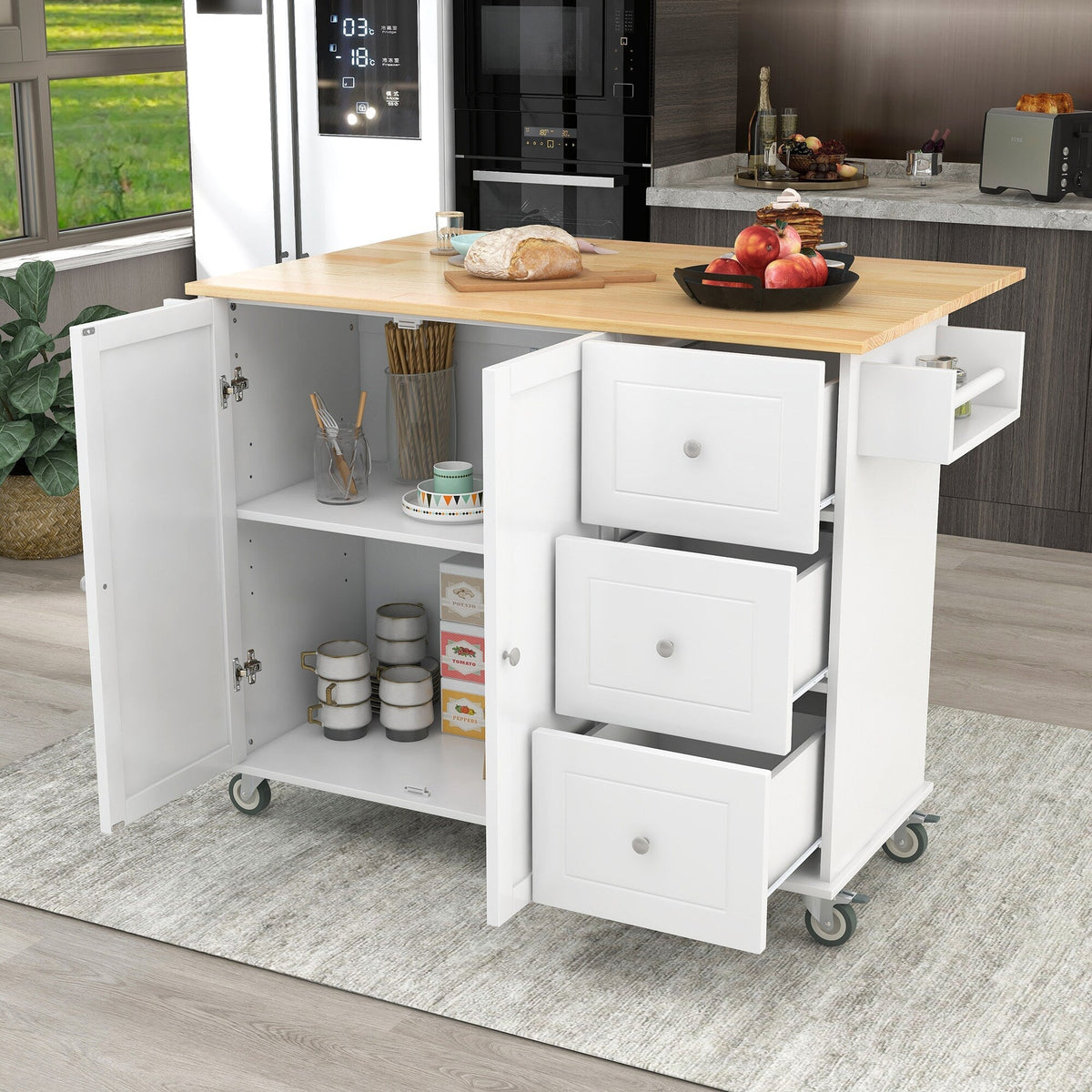 Runesay White Wood Base with Wood Top Rolling Kitchen Island (29.5-in x 52.76-in x 36.81-in)
