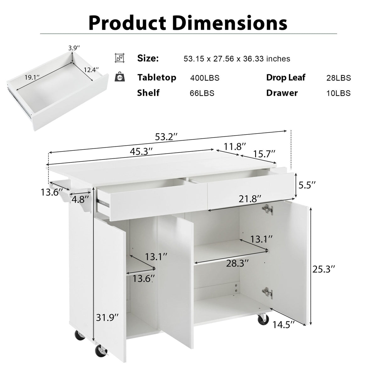 Runesay White Wood Base with Wood Top Rolling Kitchen Island (27.56-in x 53.15-in x 36.33-in)