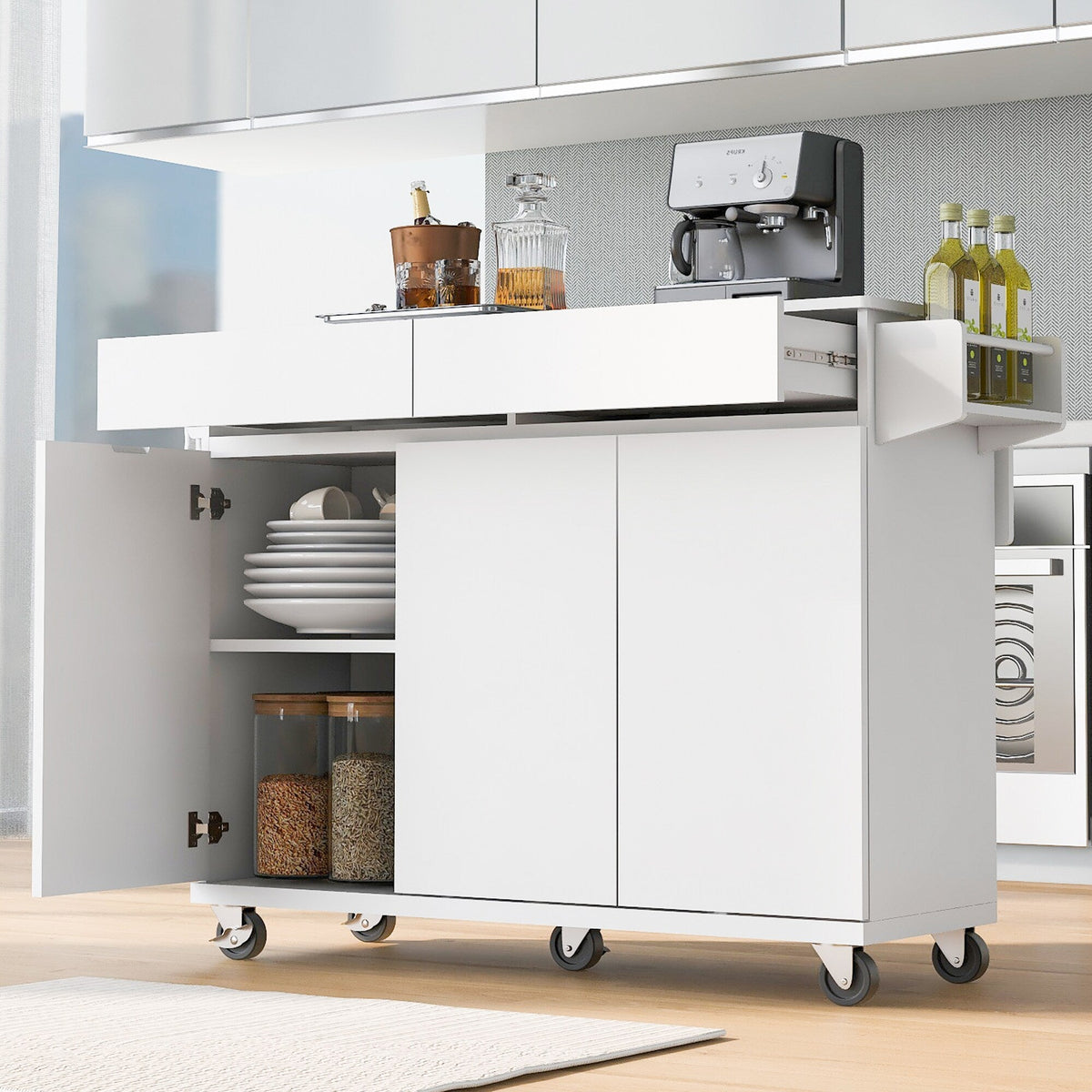 Runesay White Wood Base with Wood Top Rolling Kitchen Island (27.56-in x 53.15-in x 36.33-in)