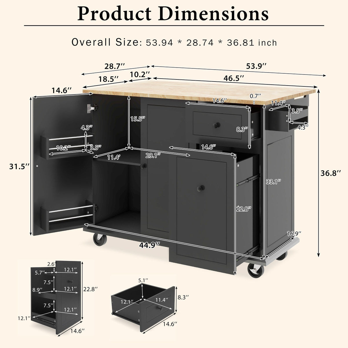Runesay Black Wood Base with Wood Top Rolling Kitchen Island (28.74-in x 53.94-in x 36.81-in)