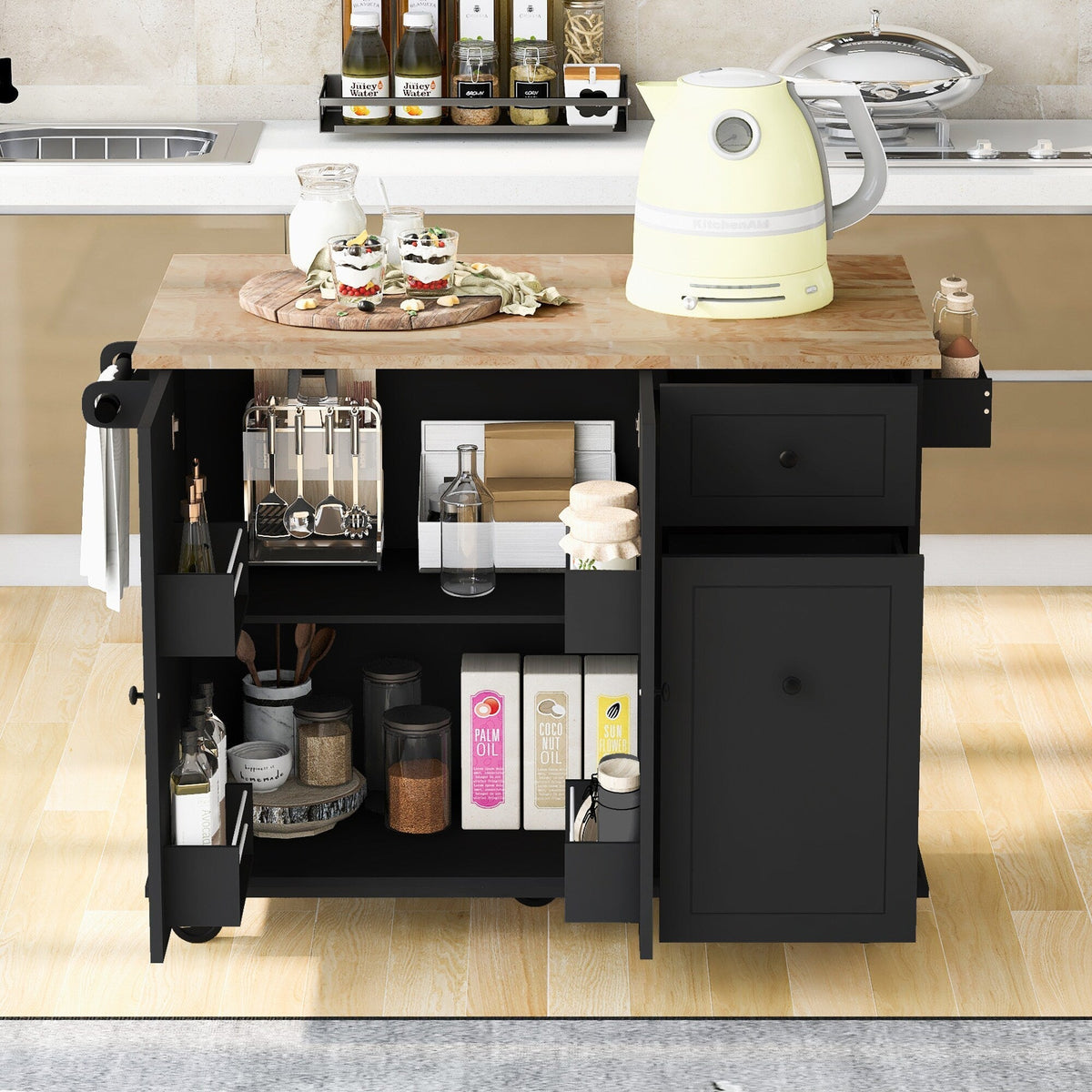 Runesay Black Wood Base with Wood Top Rolling Kitchen Island (28.74-in x 53.94-in x 36.81-in)