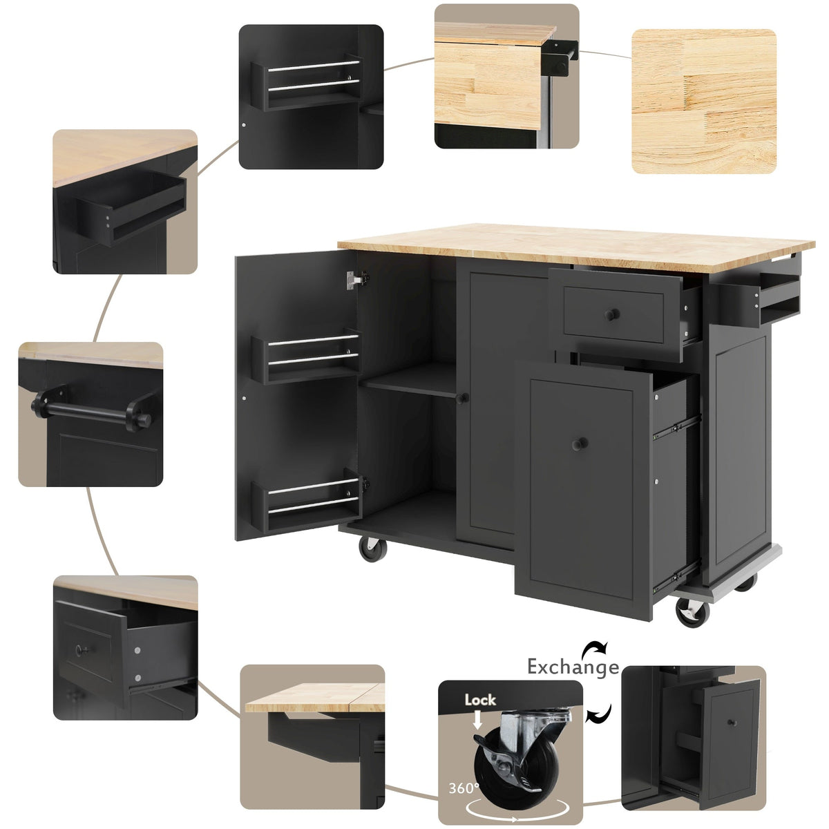 Runesay Black Wood Base with Wood Top Rolling Kitchen Island (28.74-in x 53.94-in x 36.81-in)