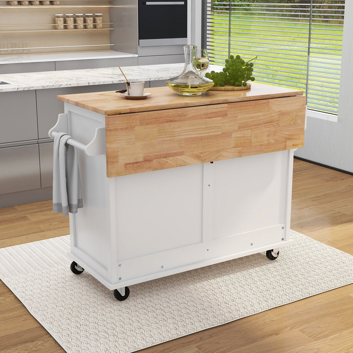 Runesay White Wood Base with Wood Top Rolling Kitchen Island (20.5-in x 52.2-in x 36.6-in)