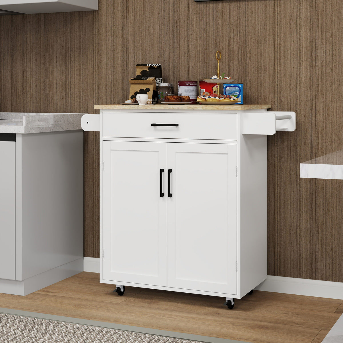 Runesay White Wood Base with Wood Top Rolling Kitchen Island (17.72-in x 28.74-in x 36.22-in)