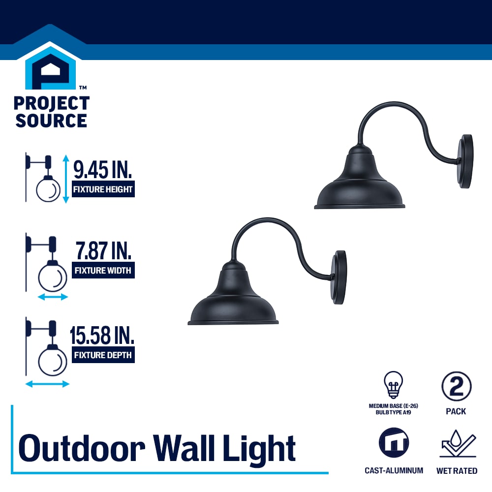 Project Source Barn Light 2-Pack 9.45-in H Matte Black Hardwired Outdoor Wall Light, Medium Base (E-26)