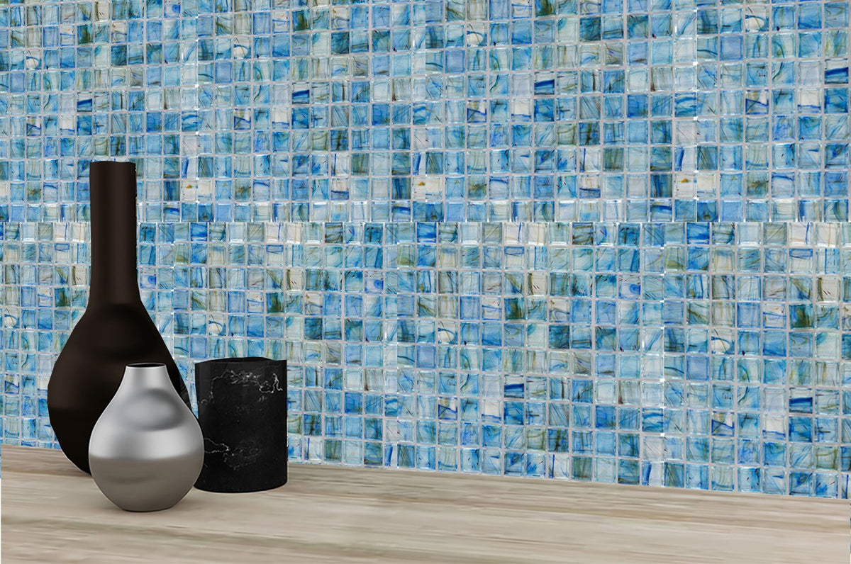 Elida Ceramica Lagoon Blue Glossy Glass Uniform Squares Mosaic Wall Tile, 12-in x 12-in Sheet