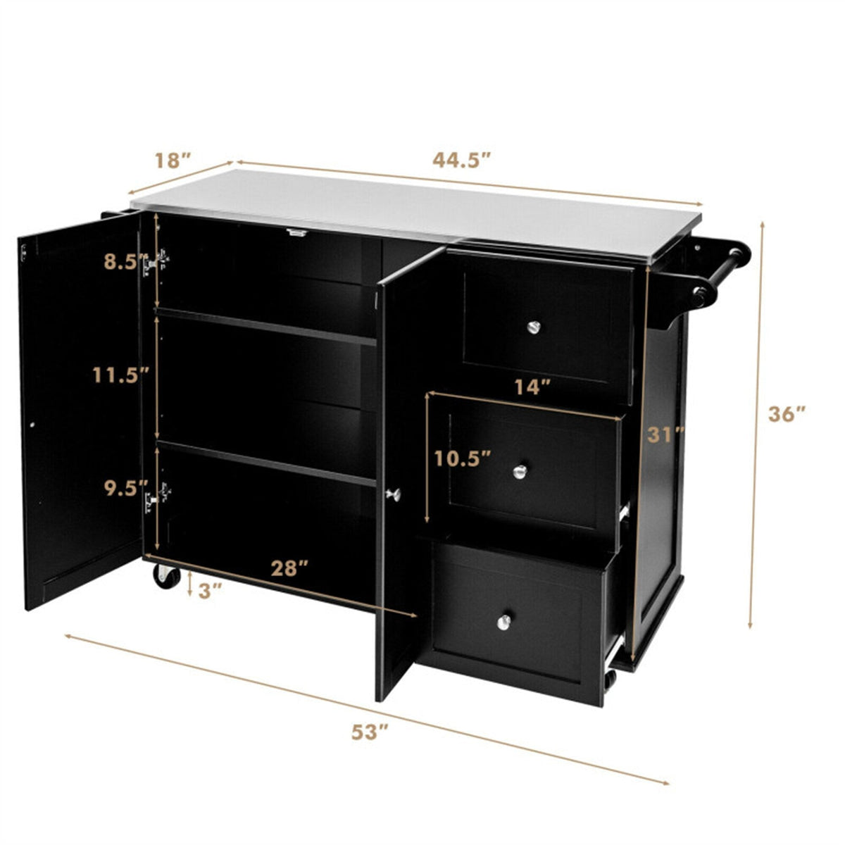 BABOOM Black Mdf Base with Stainless Steel Metal Top Rolling Kitchen Cart (18-in x 54-in x 36-in)