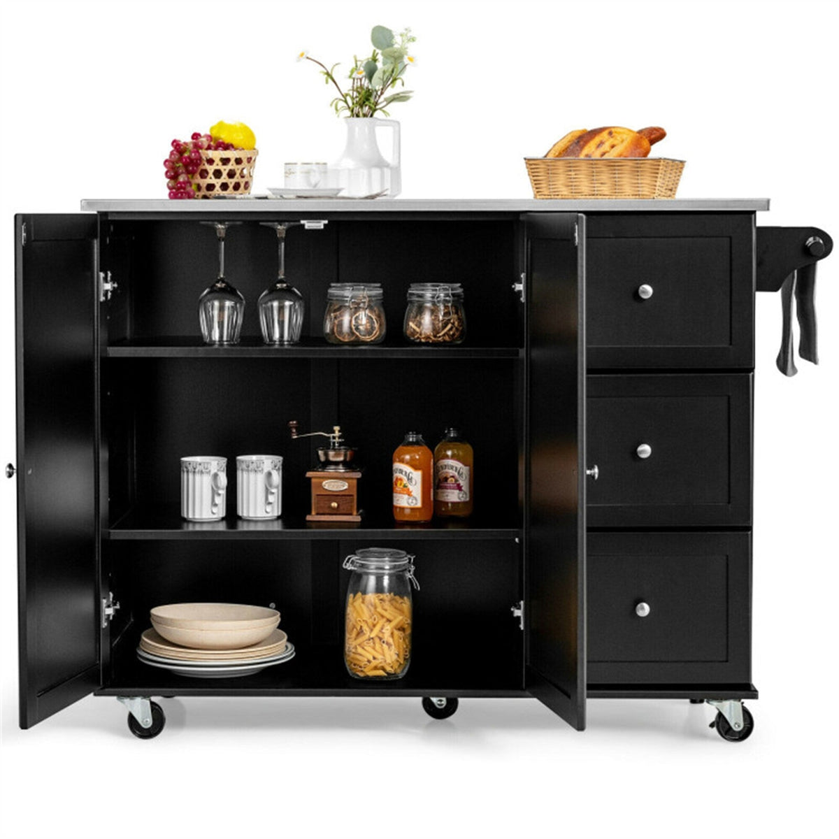 BABOOM Black Mdf Base with Stainless Steel Metal Top Rolling Kitchen Cart (18-in x 54-in x 36-in)