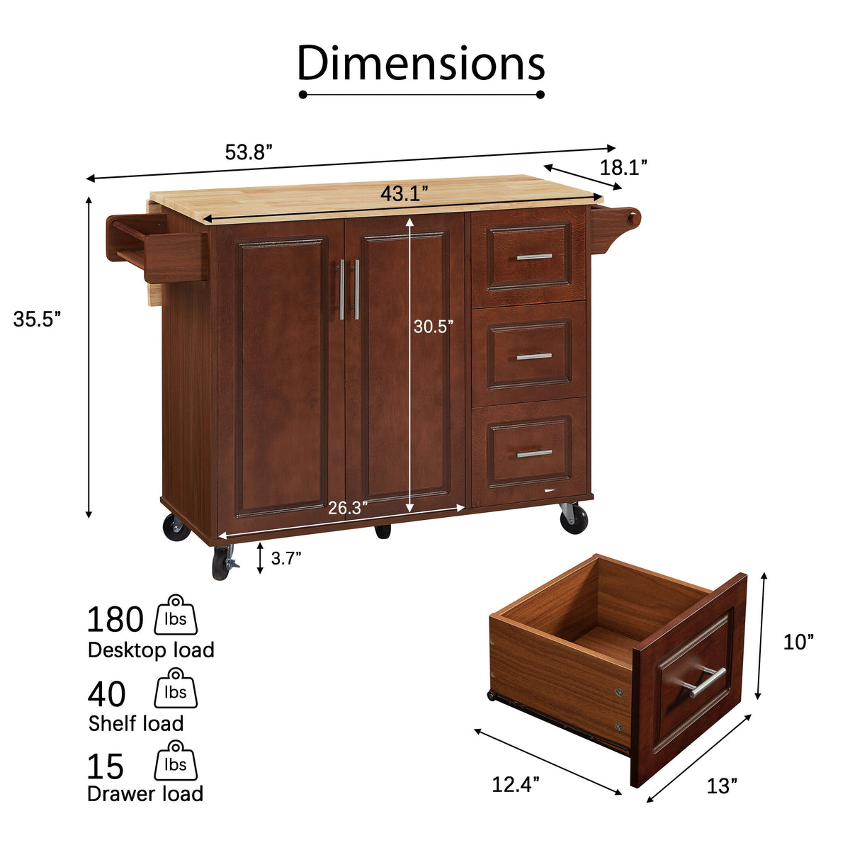 Kahomvis Brown Mdf Base with Wood Top Rolling Kitchen Island (18-in x 54-in x 35.5-in)