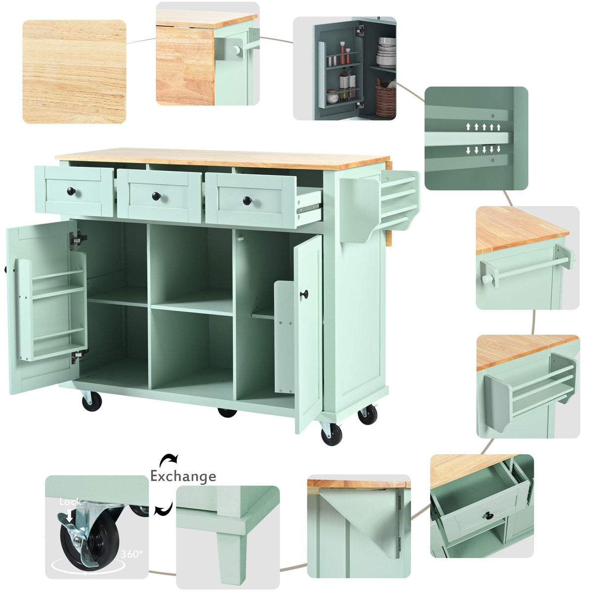 Kahomvis Green Mdf Base with Wood Top Rolling Kitchen Island (17.7-in x 53-in x 37.2-in)