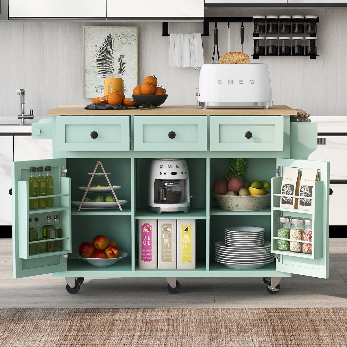 Kahomvis Green Mdf Base with Wood Top Rolling Kitchen Island (17.7-in x 53-in x 37.2-in)