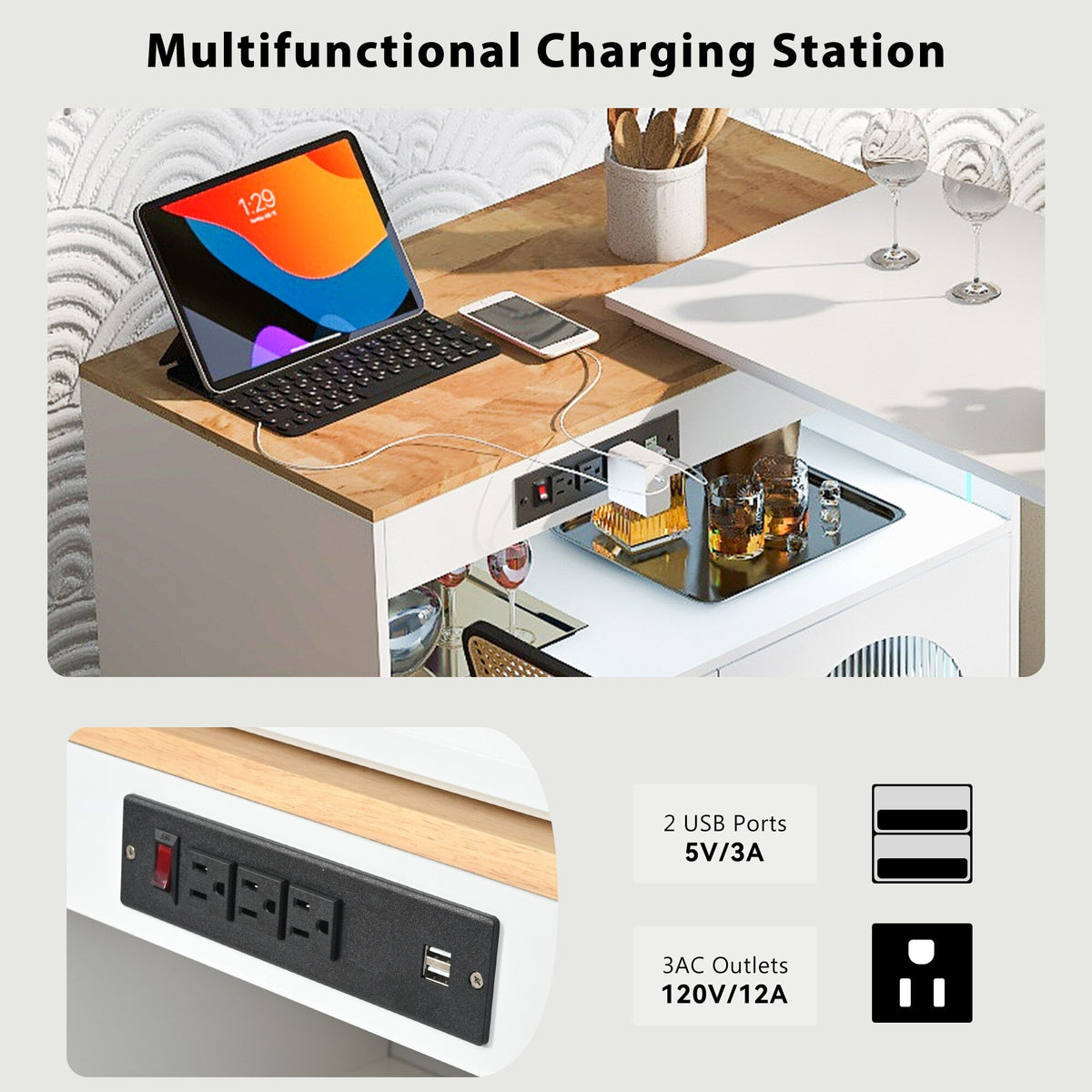 Kahomvis White Mdf Base with Wood Top Rolling Kitchen Island (15.8-in x 73.5-in x 37-in)