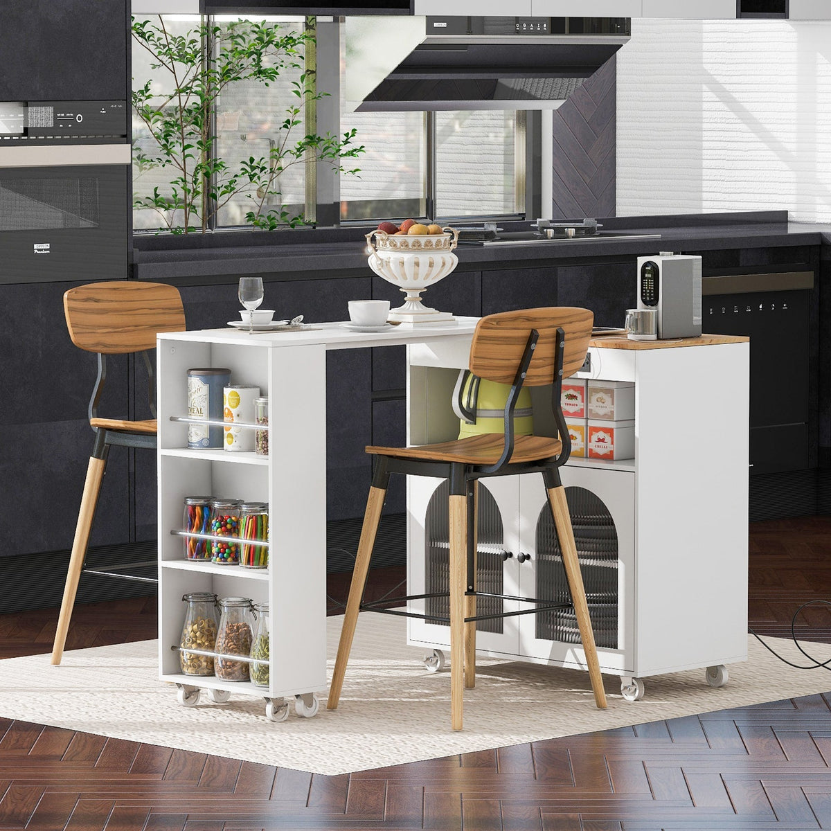 Kahomvis White Mdf Base with Wood Top Rolling Kitchen Island (15.8-in x 73.5-in x 37-in)